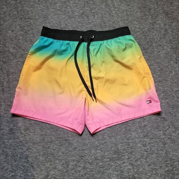 Tommy Hilfiger Shorts Mens L Ombre Green Yellow Pink Swim Trunks Lined Pockets - Picture 1 of 9